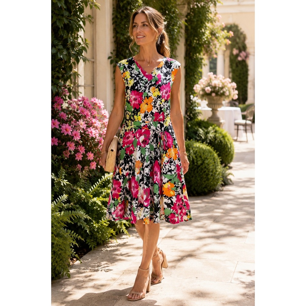 NWT Lauren Ralph Lauren Floral Fit & Flare Dress Tie‎ Waist Garden Party Small